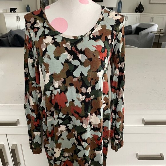 Abstract Floral Scoop Nk Lg Slv Midi (mid calf) Rayon Spandex Dress Multi Sz M - Picture 2 of 9